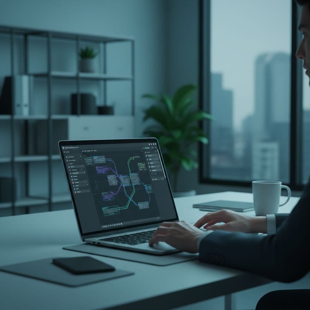 A person works at a clean, minimalist desk with a laptop displaying a software interface.