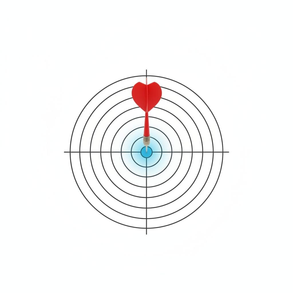 Top-down view of red dart hitting center of thin-line target with subtle blue halo glow in vast white space.