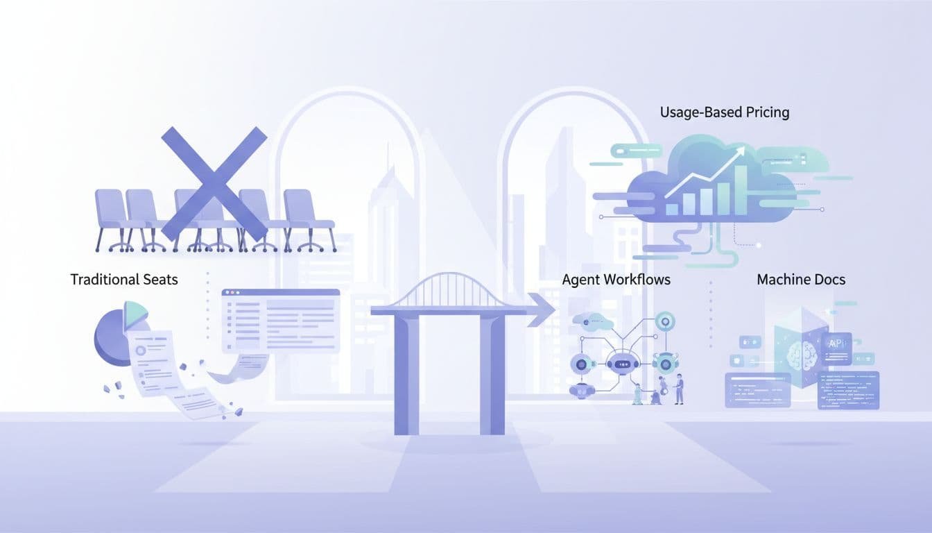 Professional workspace displays SaaS shift from traditional seats to usage-based pricing, agent workflows, and machine docs with charts and API documents.
