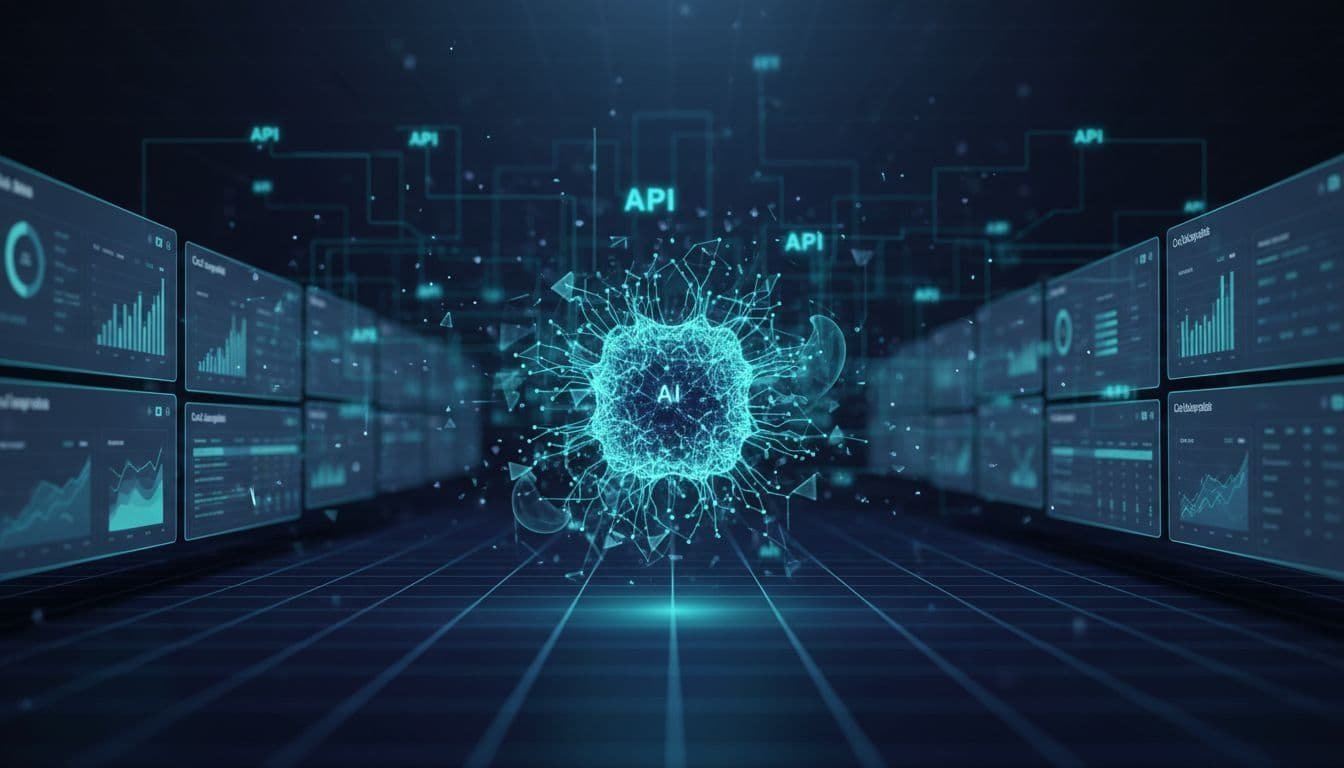 Classic SaaS dashboards fade into background API networks with central foreground AI agent and glowing neural core.