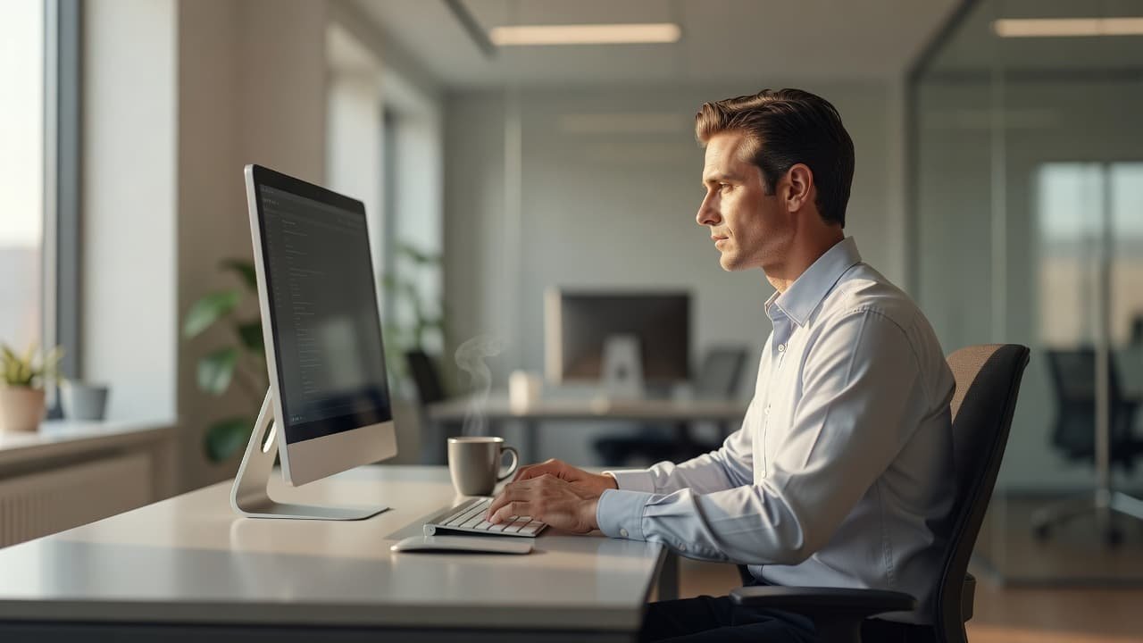 A focused worker sits at a clean desk using a laptop computer next to a steaming mug of coffee. Soft daylight streams through a nearby window, illuminating the sleek professional workspace.