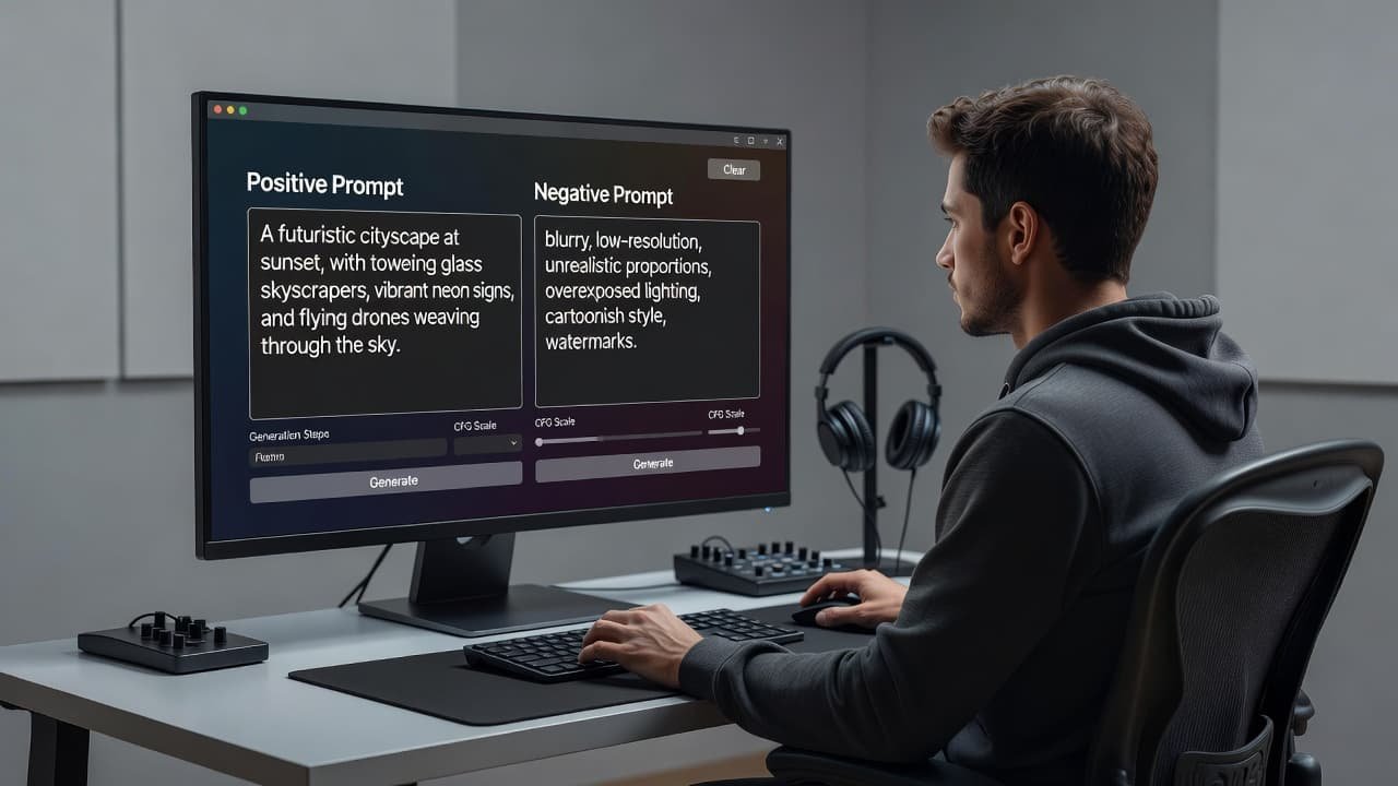 A person working at a clean desk with a computer monitor showing creative software.