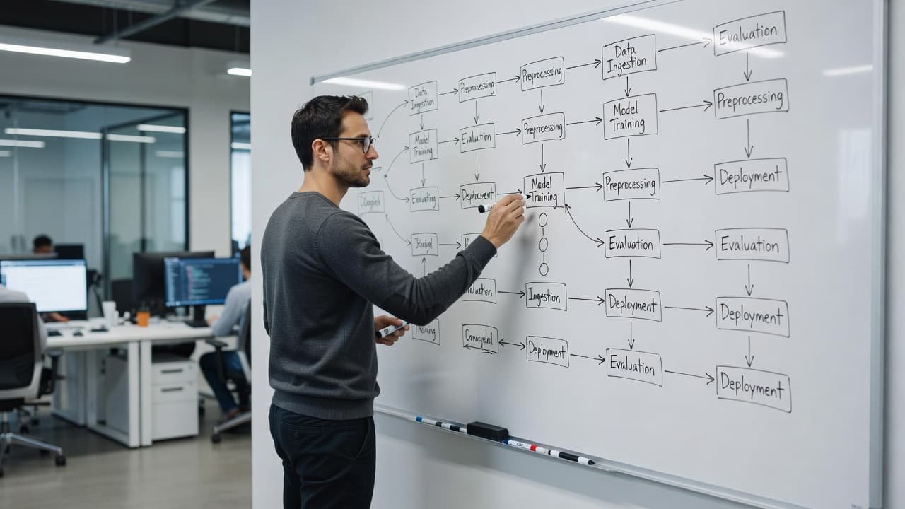 A developer sketching AI workflow steps on a whiteboard.