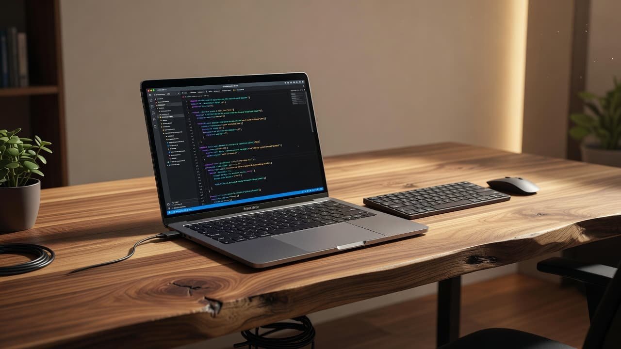 An illuminated computer monitor showing code on a clean wooden desk with soft warm lighting.
