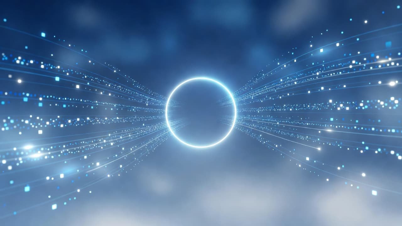 Glowing white particles flow through a bright blue circular filter in a minimalist digital space.