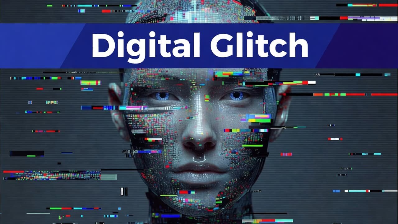 A striking human portrait features intense pixelated noise and vibrant horizontal color shifts across the face. A bold indigo band sits at the top with sans-serif text reading Digital Glitch.