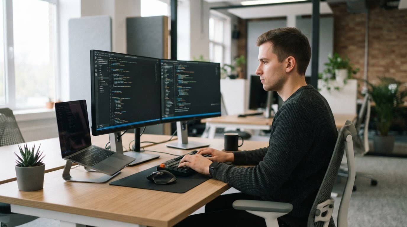 Engineer coding at a clean desk with two monitors in a bright office.