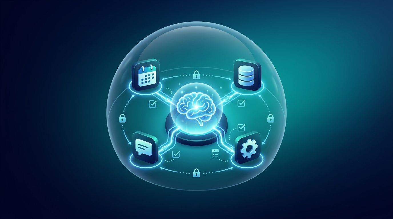 A glowing neural core connected to tool icons inside a protective shield with lock symbols.