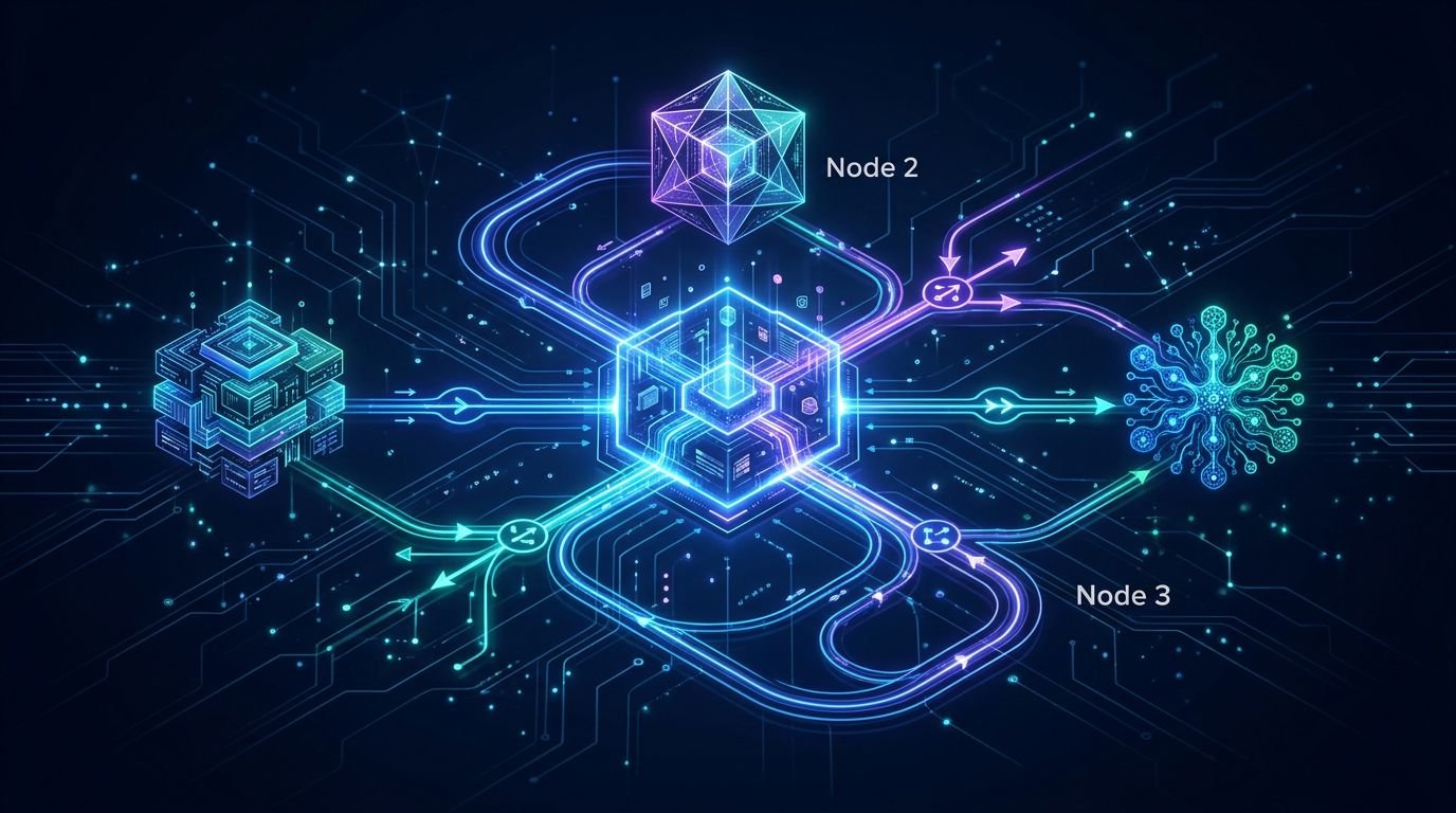 Glowing pathways connect a central hub with three geometric network nodes on a dark blue background.