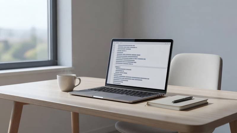 A sleek wooden desk features a laptop displaying lines of structured code, a ceramic coffee mug, and an open notebook. Soft, natural daylight streams through a window, illuminating the tidy workspace.