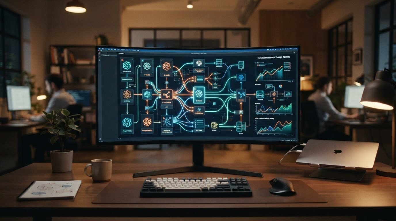 A monitor showing abstract data flows on a clean desk in a modern office.