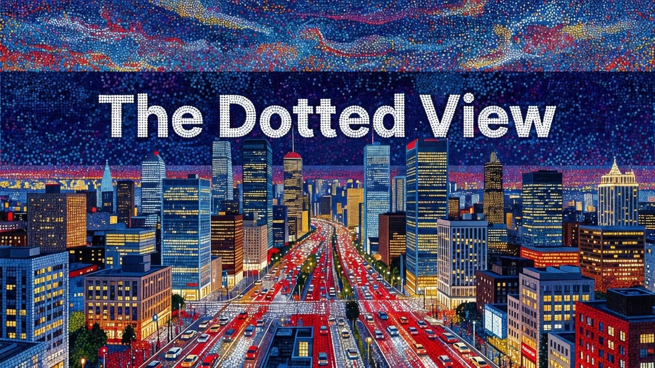 An intricate city landscape constructed from thousands of tiny, colorful dots using pointillism techniques. A bold indigo band stretches across the top, featuring the clean sans-serif headline The Dotted View.