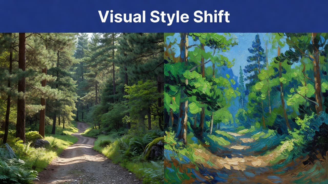 A forest scene is divided vertically between a sharp photographic image and a textured oil painting. A bold indigo bar spans the top with white sans-serif text titled Visual Style Shift.