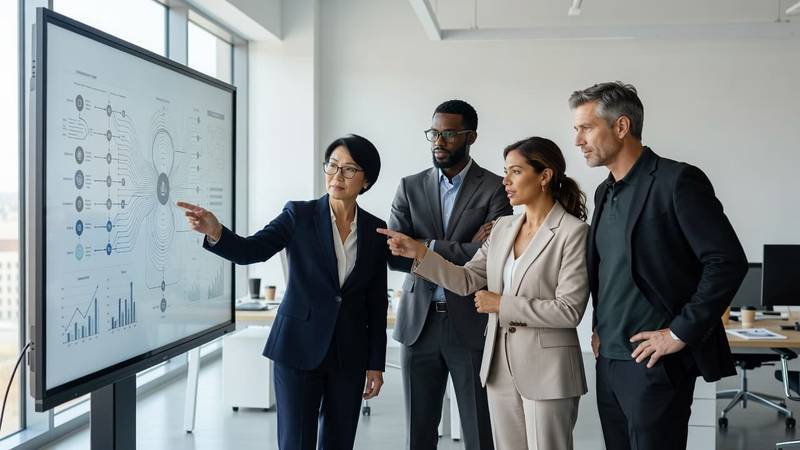 Four diverse professionals in business attire stand around a large wall-mounted monitor displaying complex abstract data flowcharts. The bright, modern office space features soft natural lighting and a minimalist aesthetic.