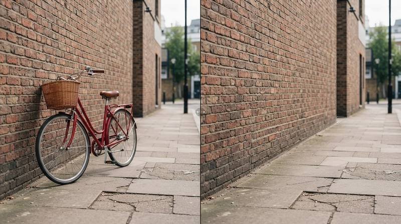 Split street scene showing a red bicycle beside a wall and the repaired area without it.