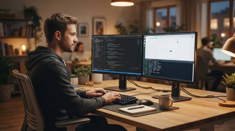 Engineer working at a dual-monitor desk showing code and browser automation logs.