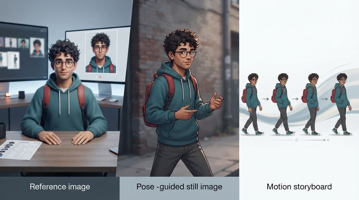 A man in a teal hoodie works beside a monitor showing character images and a printed sheet.