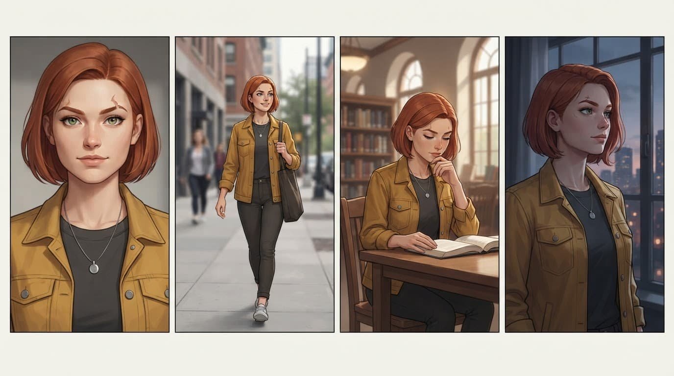 Four panels show the same woman in a portrait, city street, library, and window-lit scene.