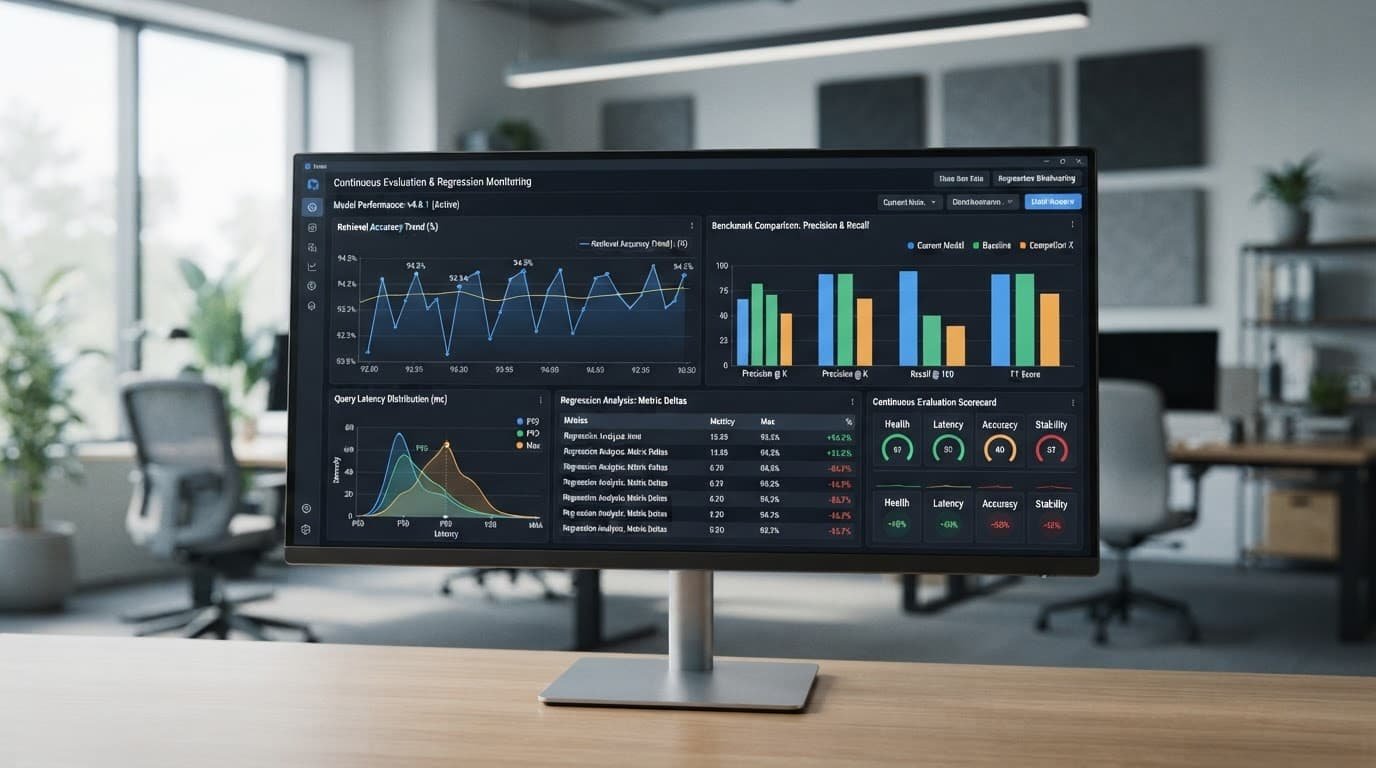 Monitor displaying performance graphs and retrieval accuracy charts in a modern office.