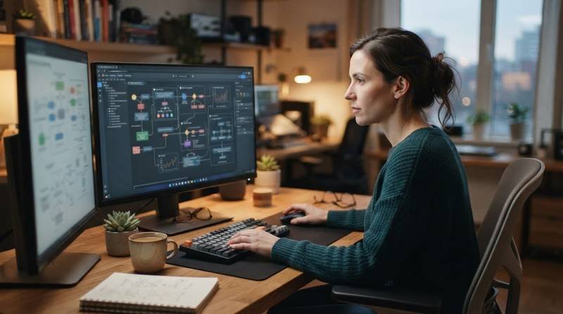 A developer reviews flowcharts on a computer in a cozy modern office.