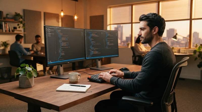 Developer working at a wooden desk with two monitors in a warmly lit office.