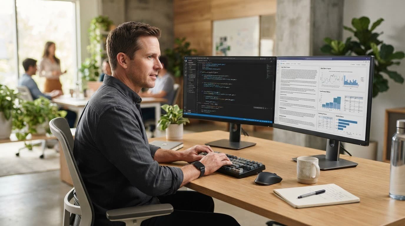 Engineer viewing code and text analytics on two monitors at a modern desk.