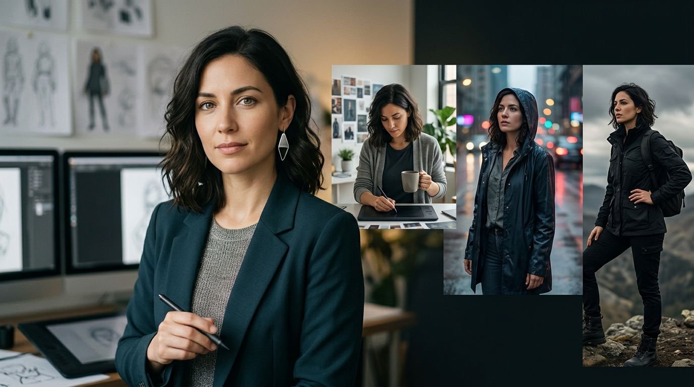 Woman with dark hair and silver earring beside three scenes showing her in different settings.