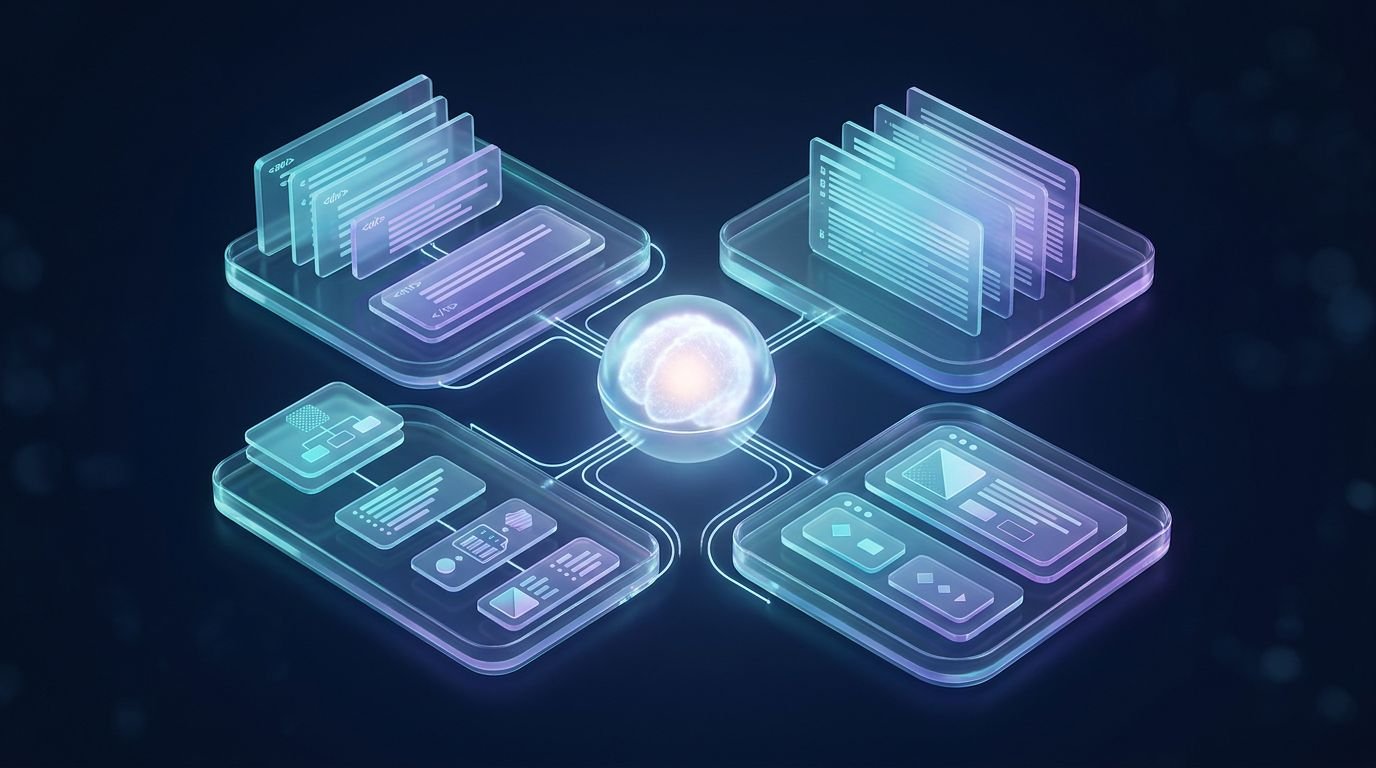 Glowing sphere connects layered translucent panels on a dark blue background.