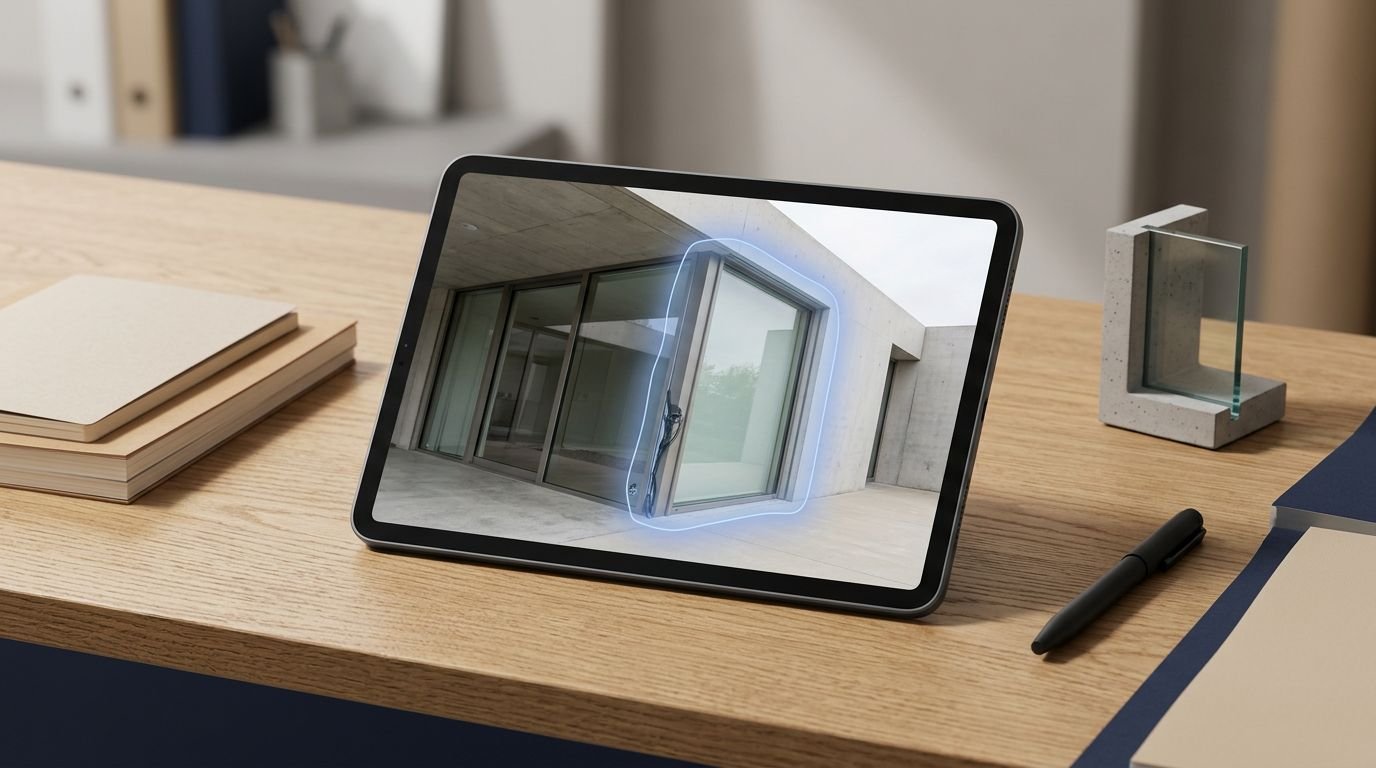 Tablet showing an architectural image with a section repaired around a removed cable and logo.