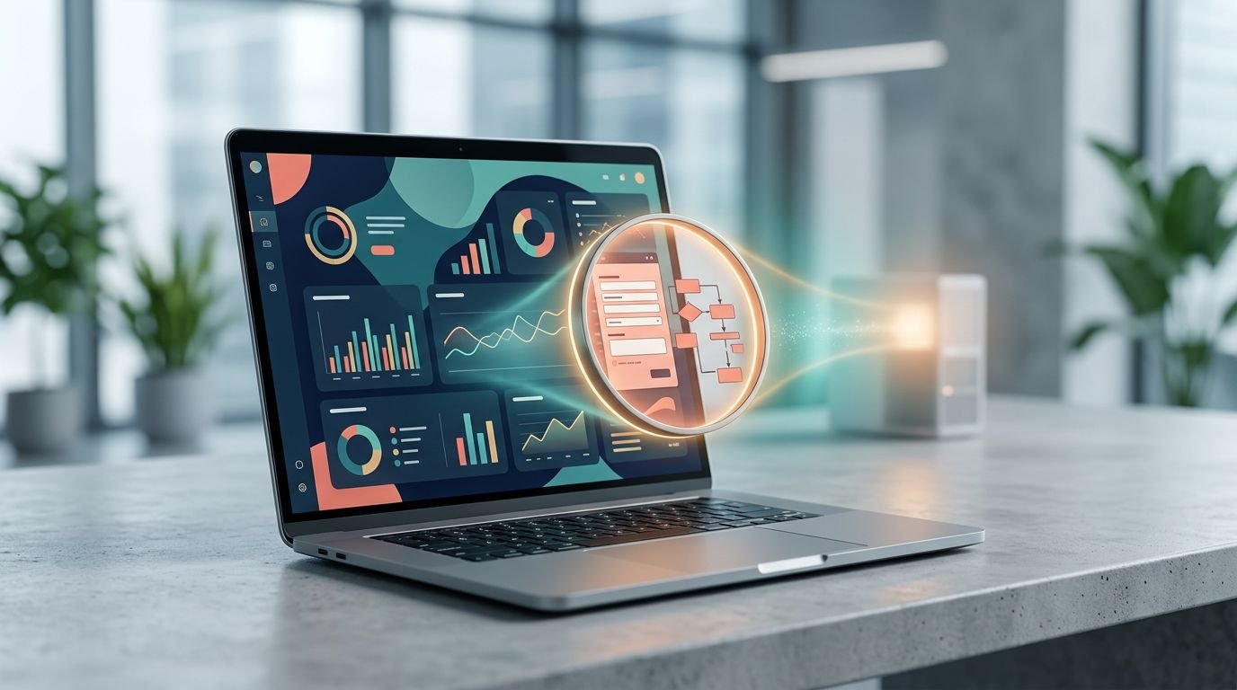 Laptop showing a colorful dashboard with a glowing magnifying glass over a form.