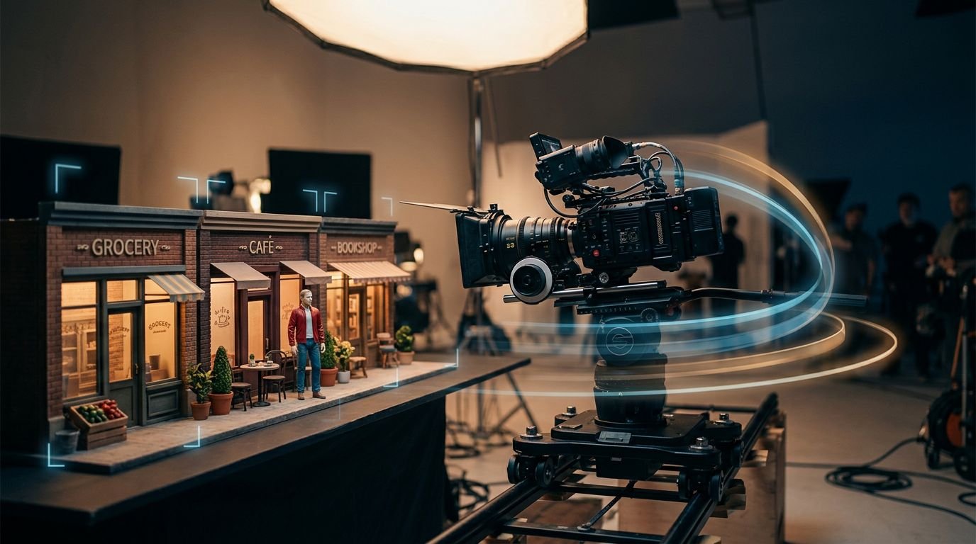 A camera rig moves beside a miniature storefront with a red-jacketed mannequin.