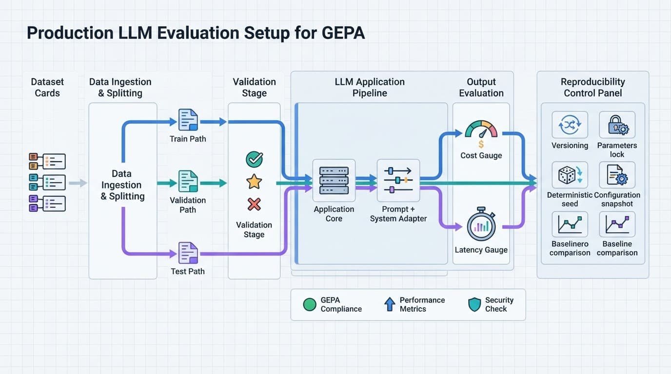 Technical diagram showing an LLM pipeline with dataset splits, adapters, gauges, and control icons.