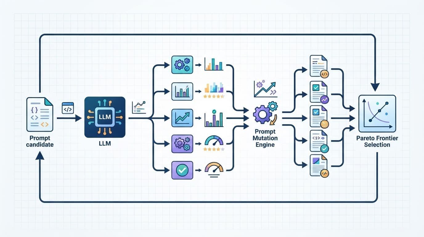 A technical workflow shows branching evaluations and Pareto selection around a central processing module.