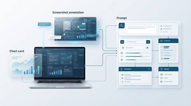 Laptop and chart linked to workflow nodes on a clean blue-and-teal layout.