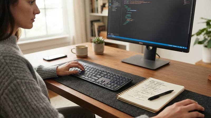 A modern keyboard and marked notepad sit on a desk in soft window light.