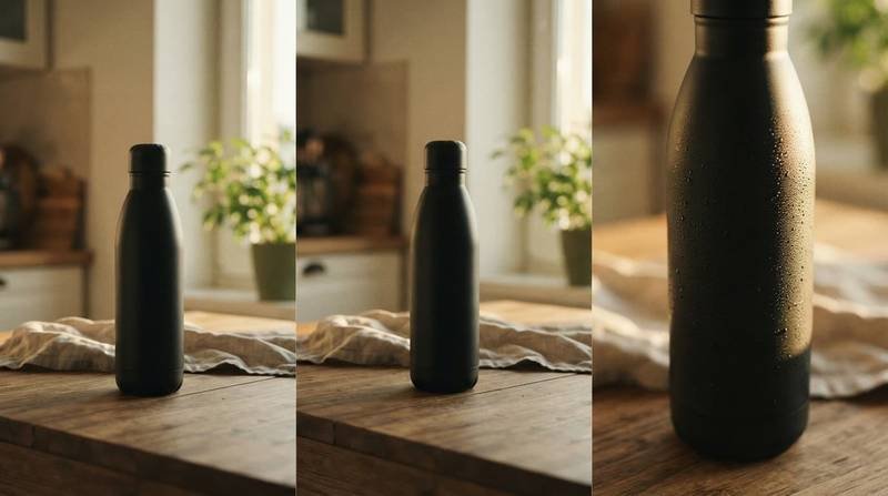 Three views of a black water bottle on a sunlit wooden kitchen table.