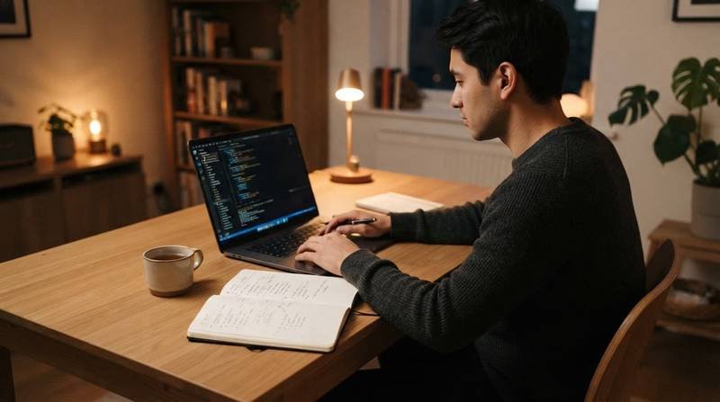 Laptop and structured notebook on a warm-lit wooden desk beside one person.