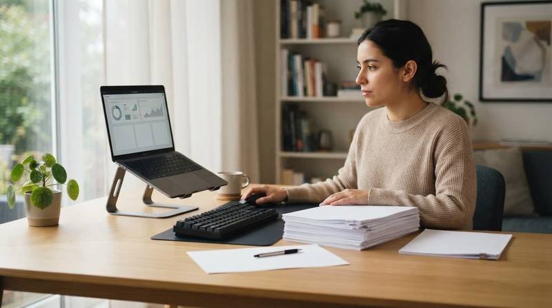 A person works at a clean desk with a laptop and stacked papers.