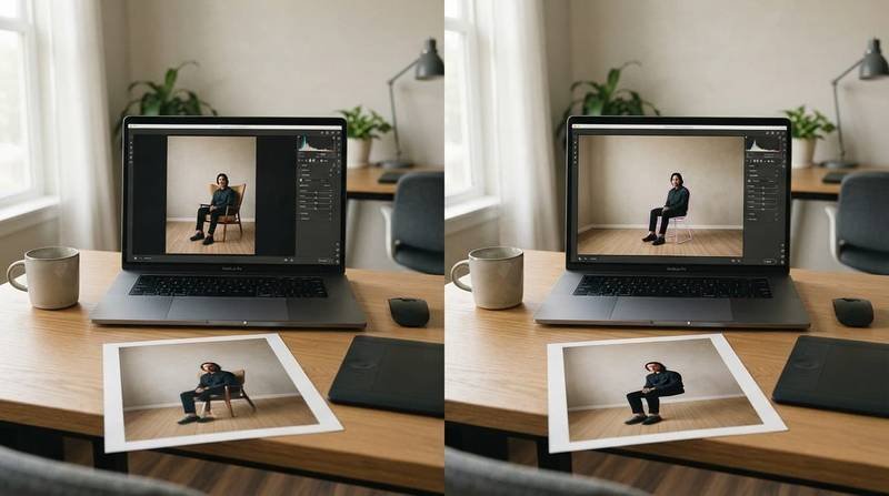 Laptop and printed photos show a chair removed from a studio image.