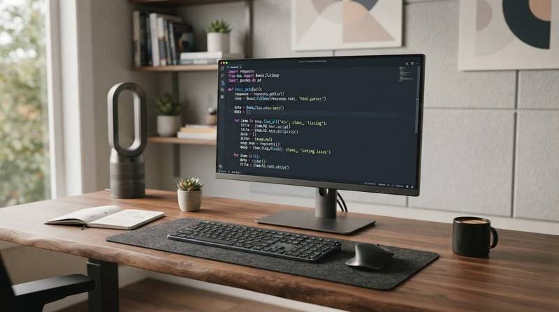 Monitor showing Python code on a minimalist wooden desk.