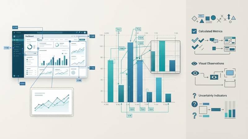 A dashboard screenshot and bar chart with callouts, magnified details, and verification shapes.