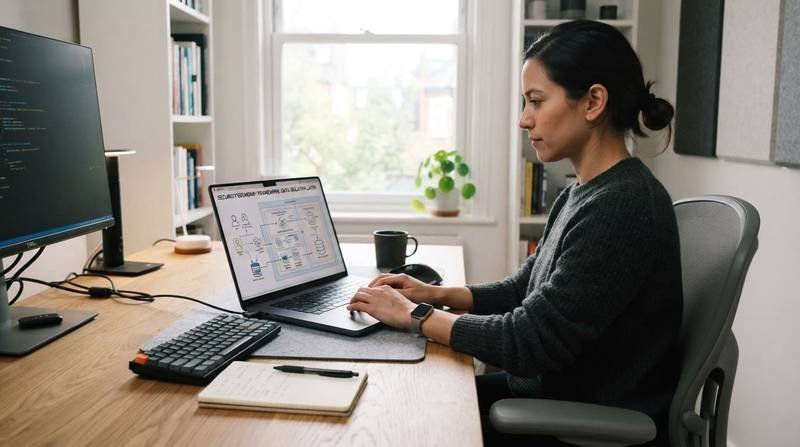A developer views security diagrams on a laptop at a clean desk.