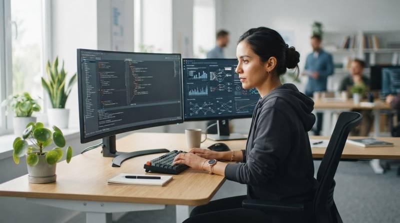 A software engineer studies code and data graphs on two monitors.