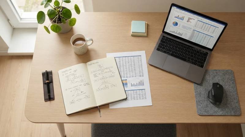 Overhead view of documents and spreadsheets arranged on a clean desk.