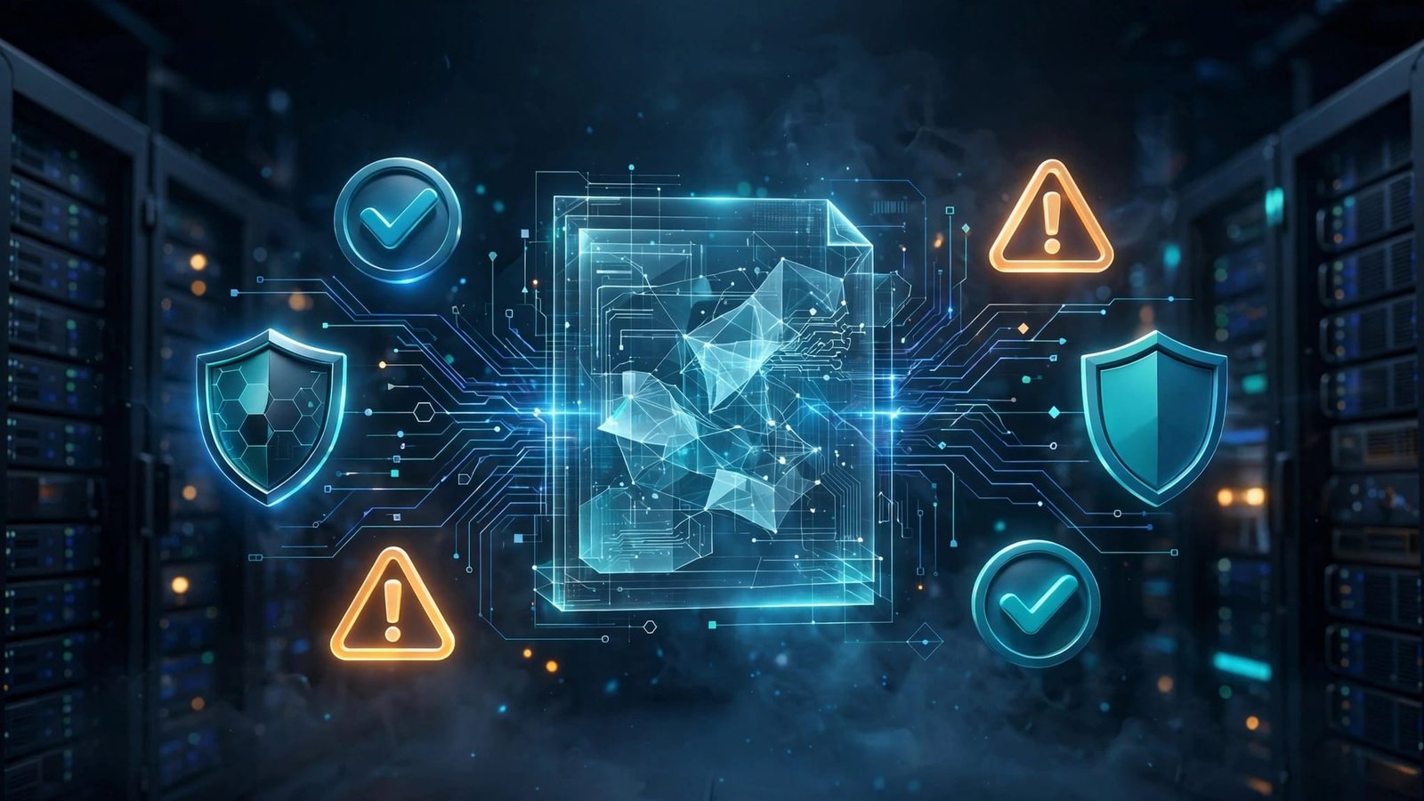 A glowing document surrounded by shields, checkmarks, and warning symbols in a blue workspace.