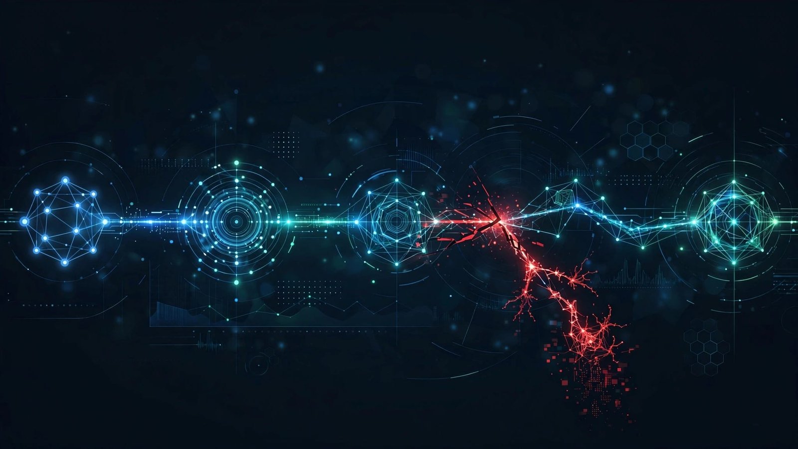 A glowing network diagram with connected nodes and one red break in the flow.