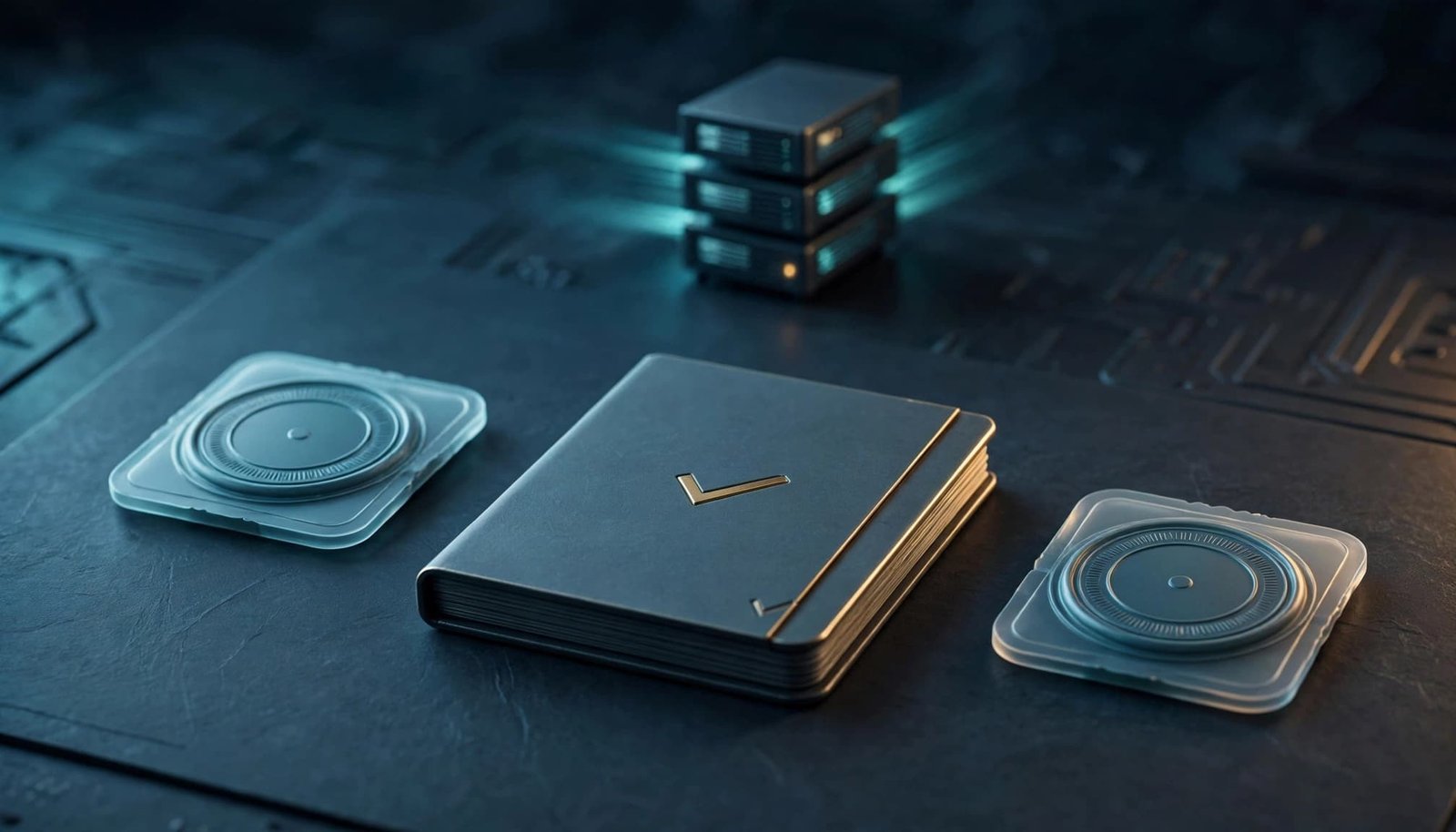Two matching sealed tokens sit beside a completed ledger entry, with a glowing server in the background.