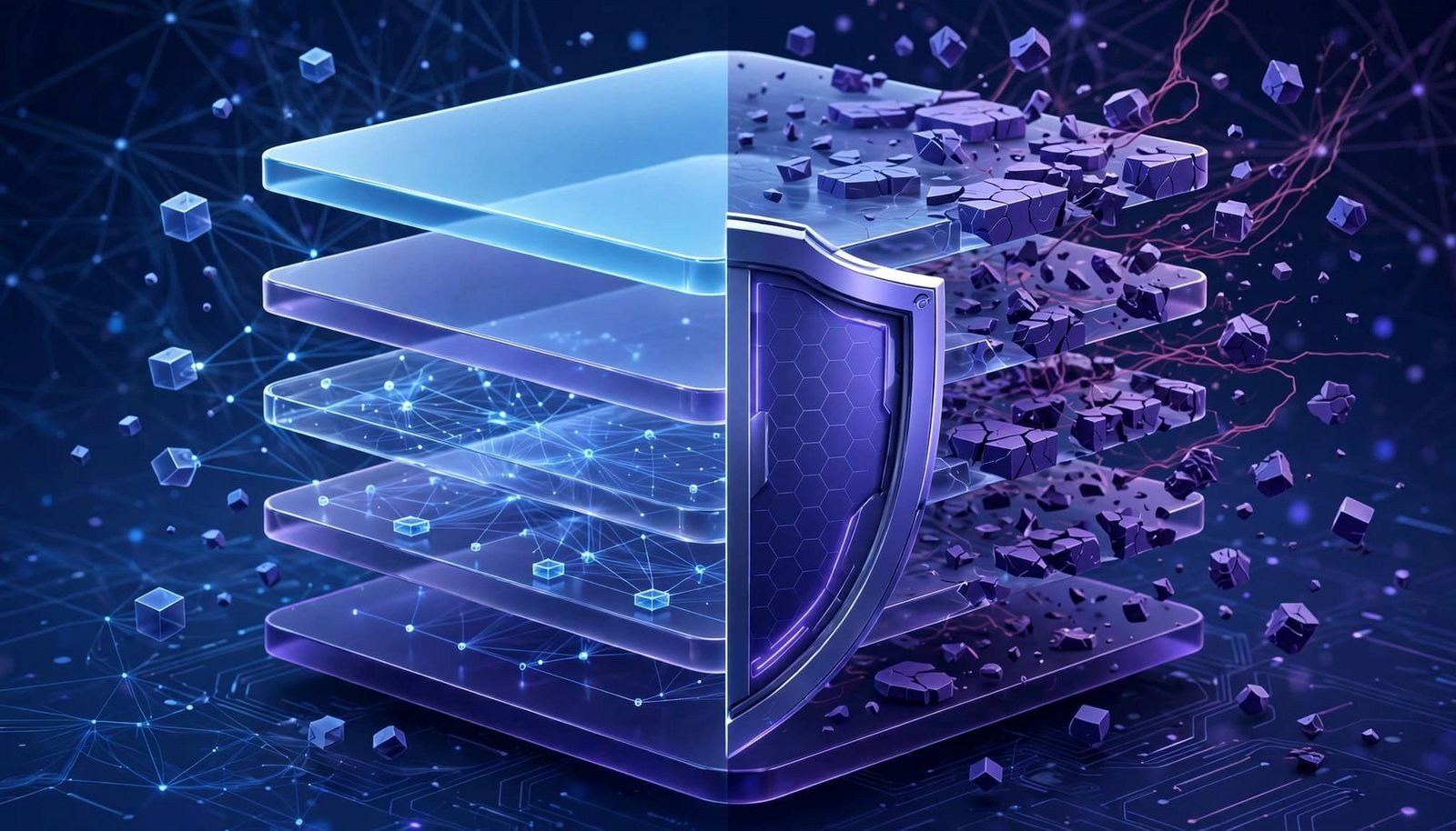 Four glowing layers sit above separated content behind a protective shield.