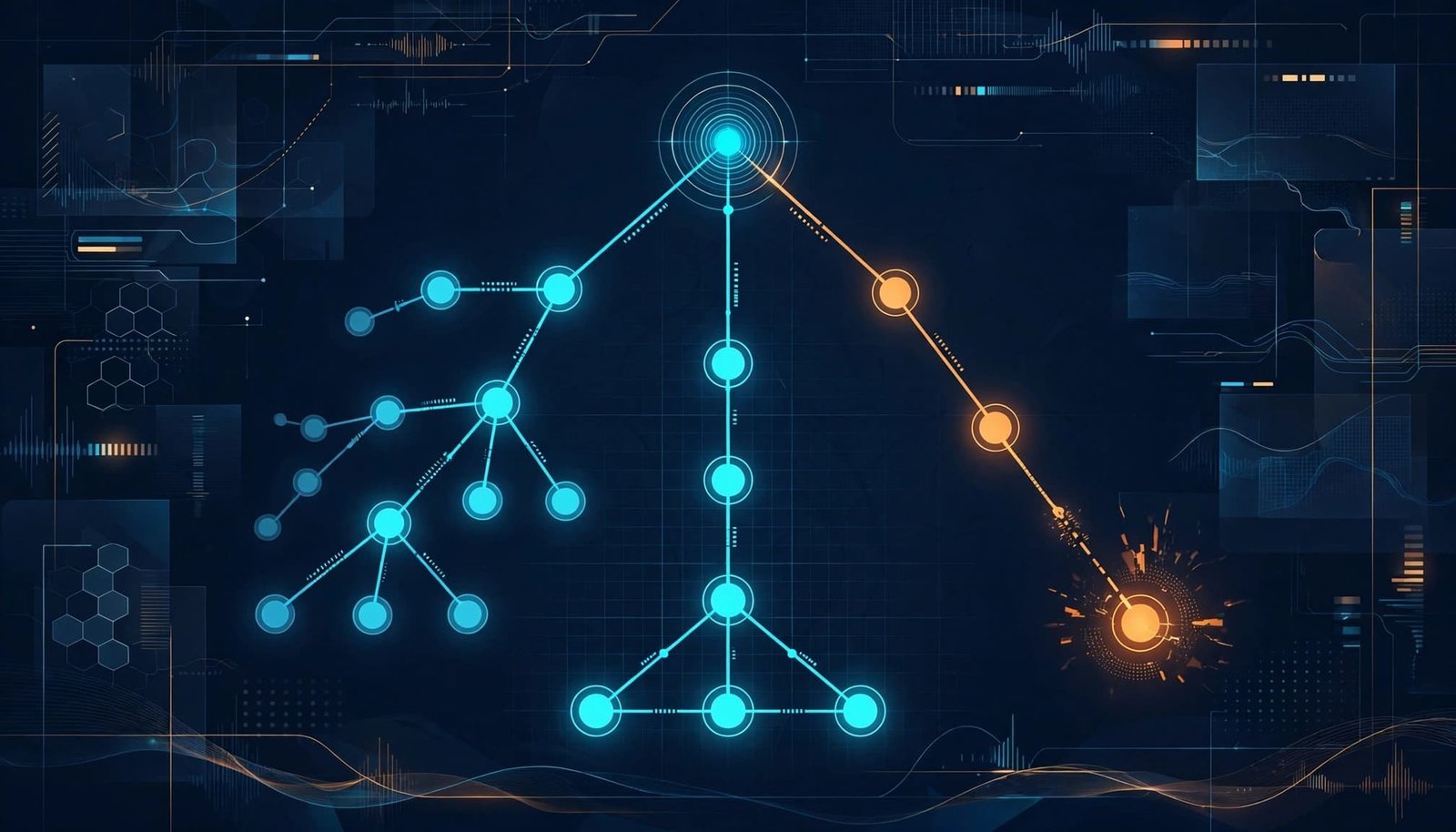 A branching trace graph with model, retrieval, and tool pathways on a dark blue background.