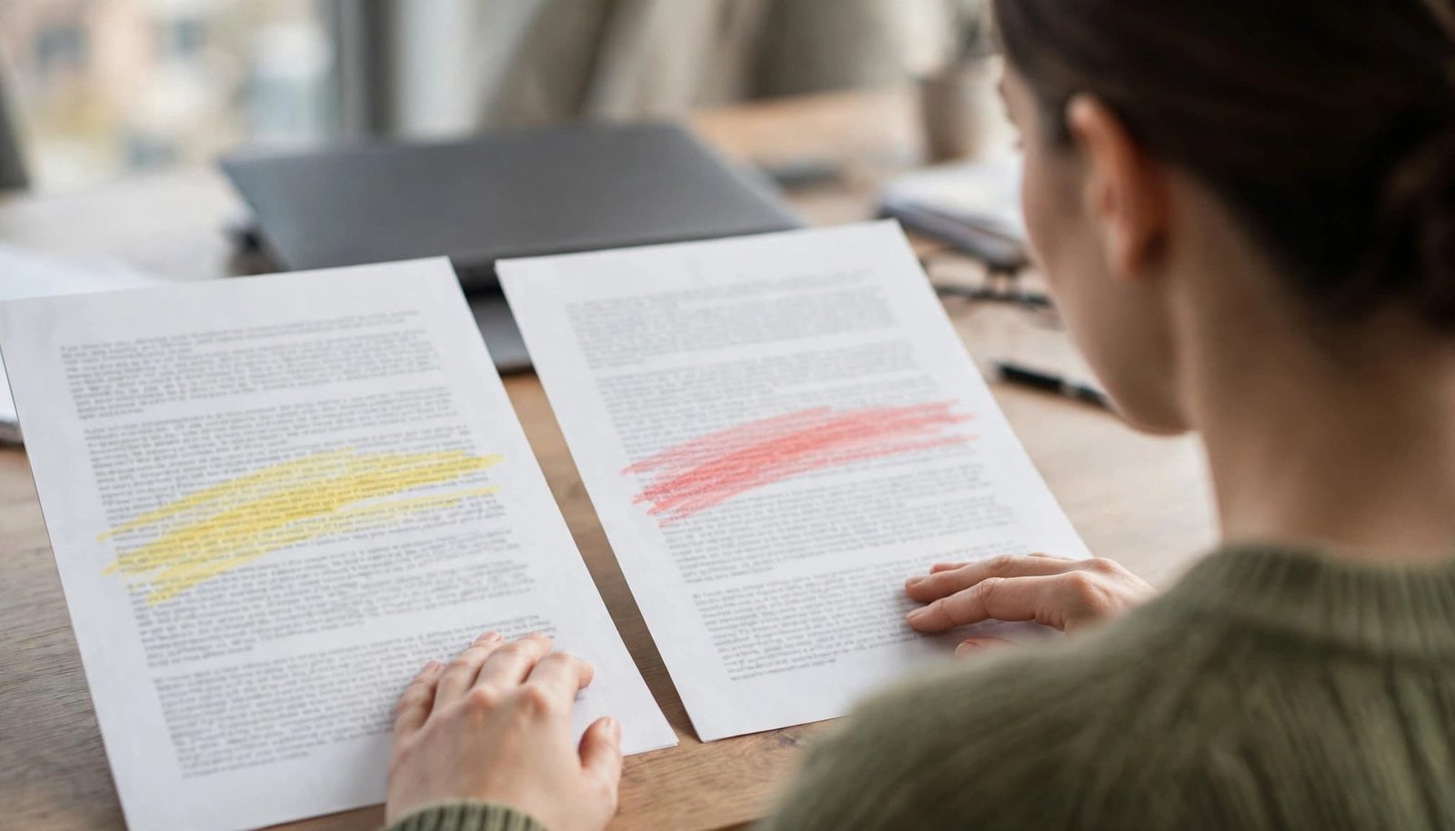An editor reviews marked paper pages beside a closed laptop.